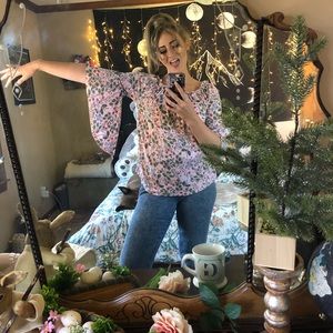 Boho Blush Pink Floral Ruffle-Sleeves Peasant Top